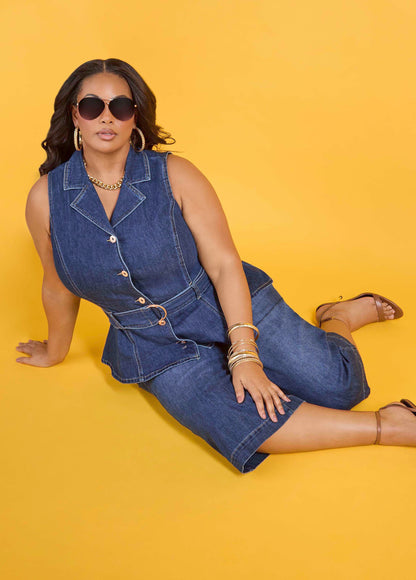 Ashley Stewart Belted Denim Peplum Vest Dk Wash