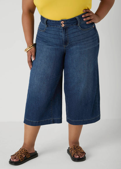 Ashley Stewart Wide Leg Denim Capris Dk Wash