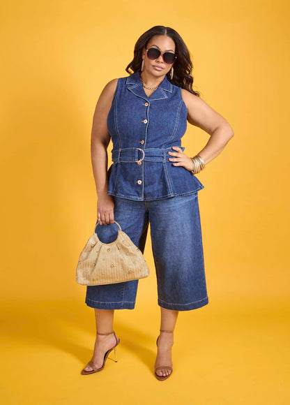 Ashley Stewart Wide Leg Denim Capris Dk Wash