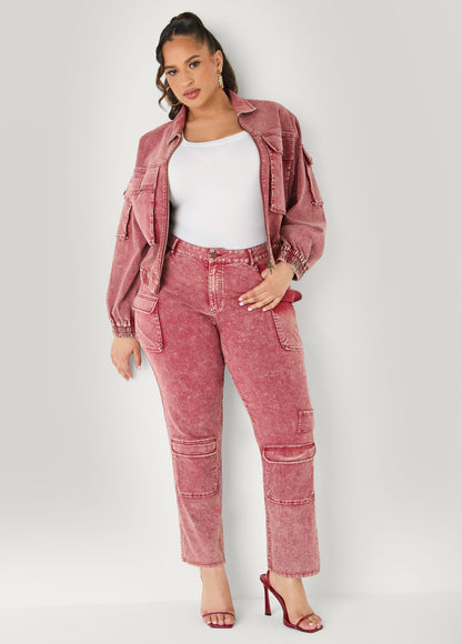 Ashley Stewart Stonewash Slim Leg Cargo Jeans Confetti