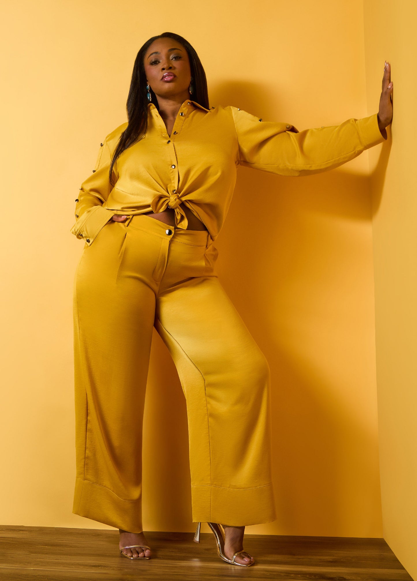Ashley Stewart Pleated Satin Wide Leg Pants Nugget Gold