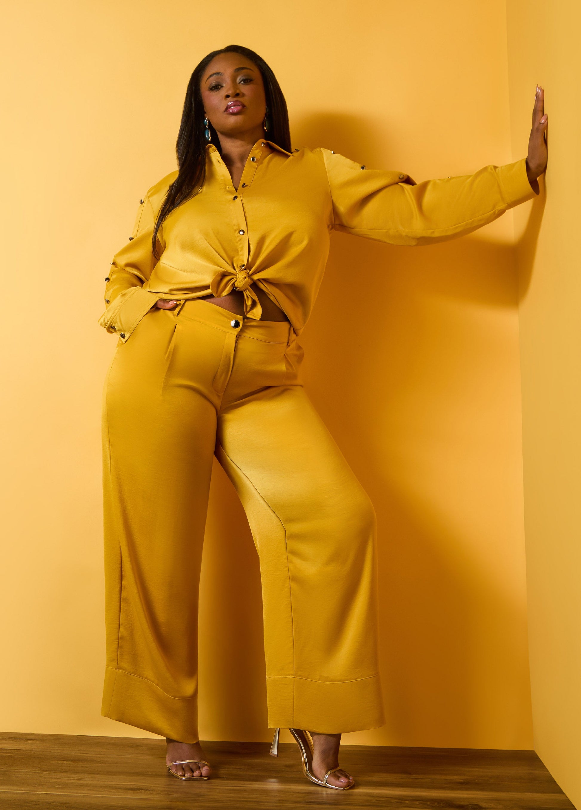 Ashley Stewart Pleated Satin Wide Leg Pants Nugget Gold