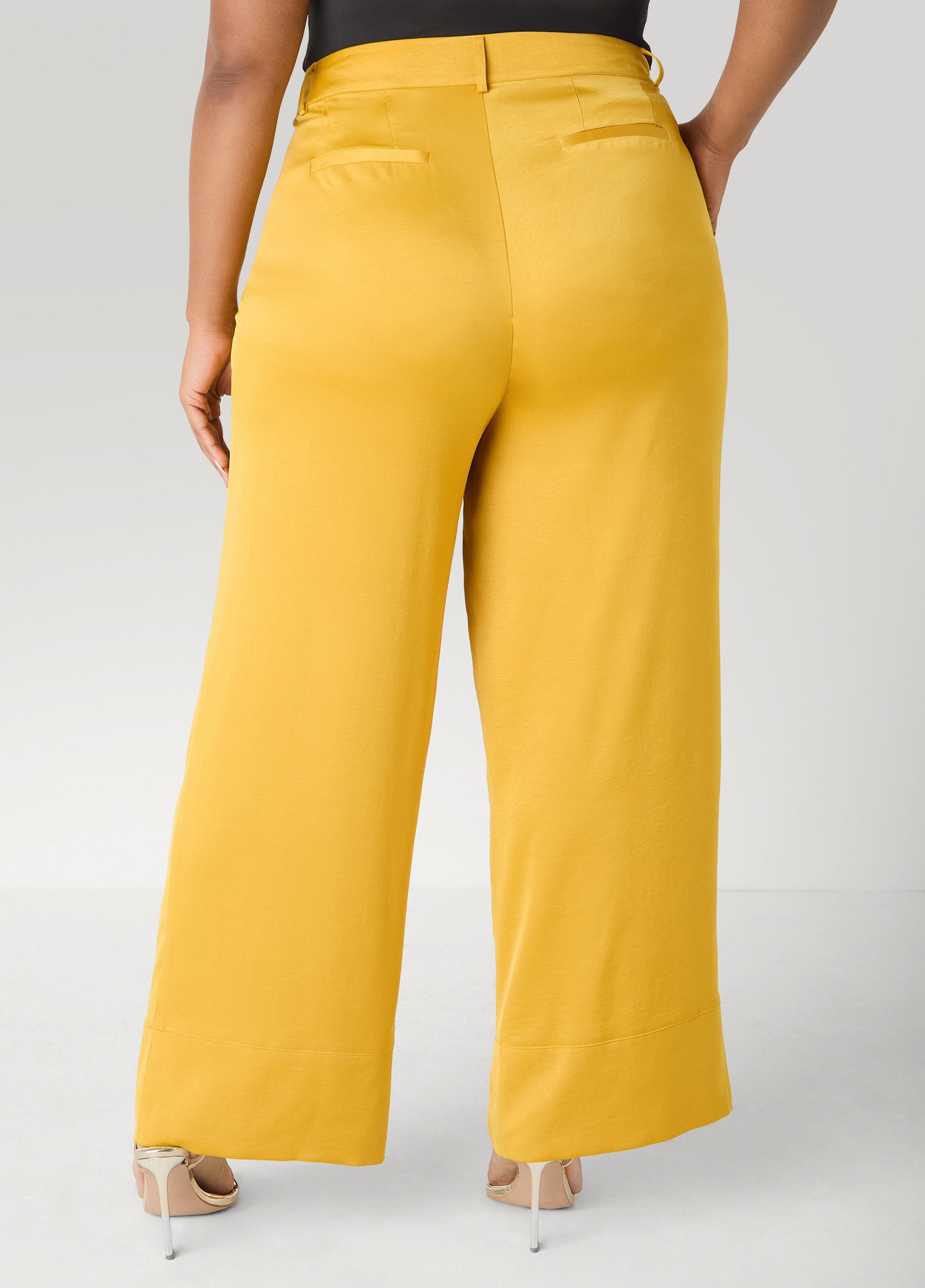 Ashley Stewart Pleated Satin Wide Leg Pants Nugget Gold