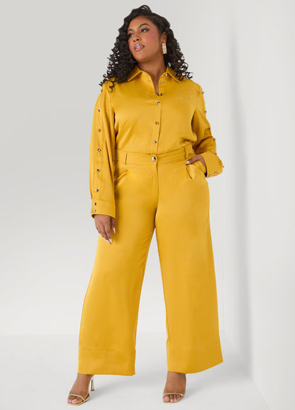 Ashley Stewart Pleated Satin Wide Leg Pants Nugget Gold