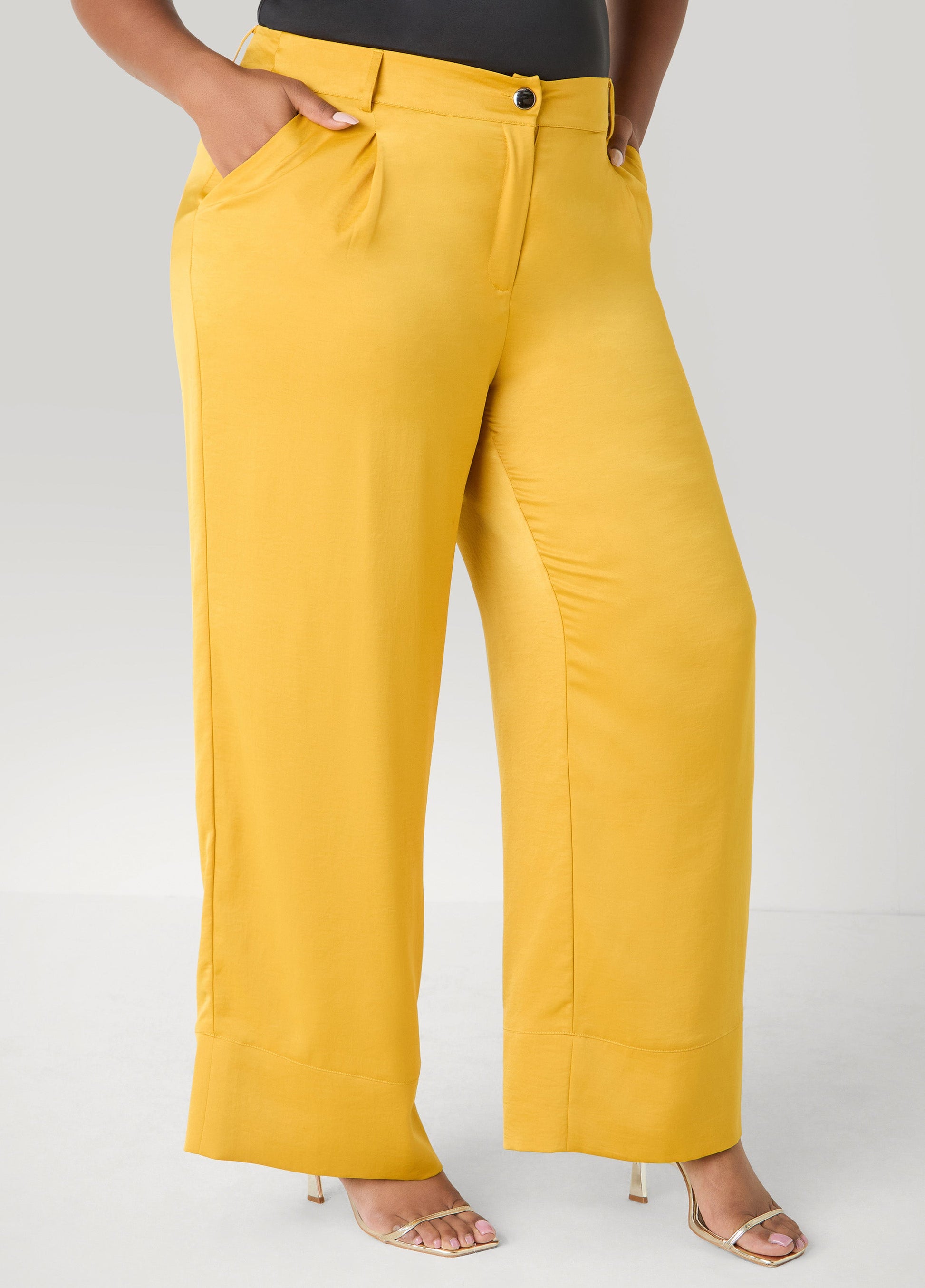 Ashley Stewart Pleated Satin Wide Leg Pants Nugget Gold