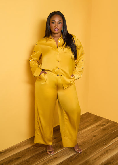 Ashley Stewart Pleated Satin Wide Leg Pants Nugget Gold