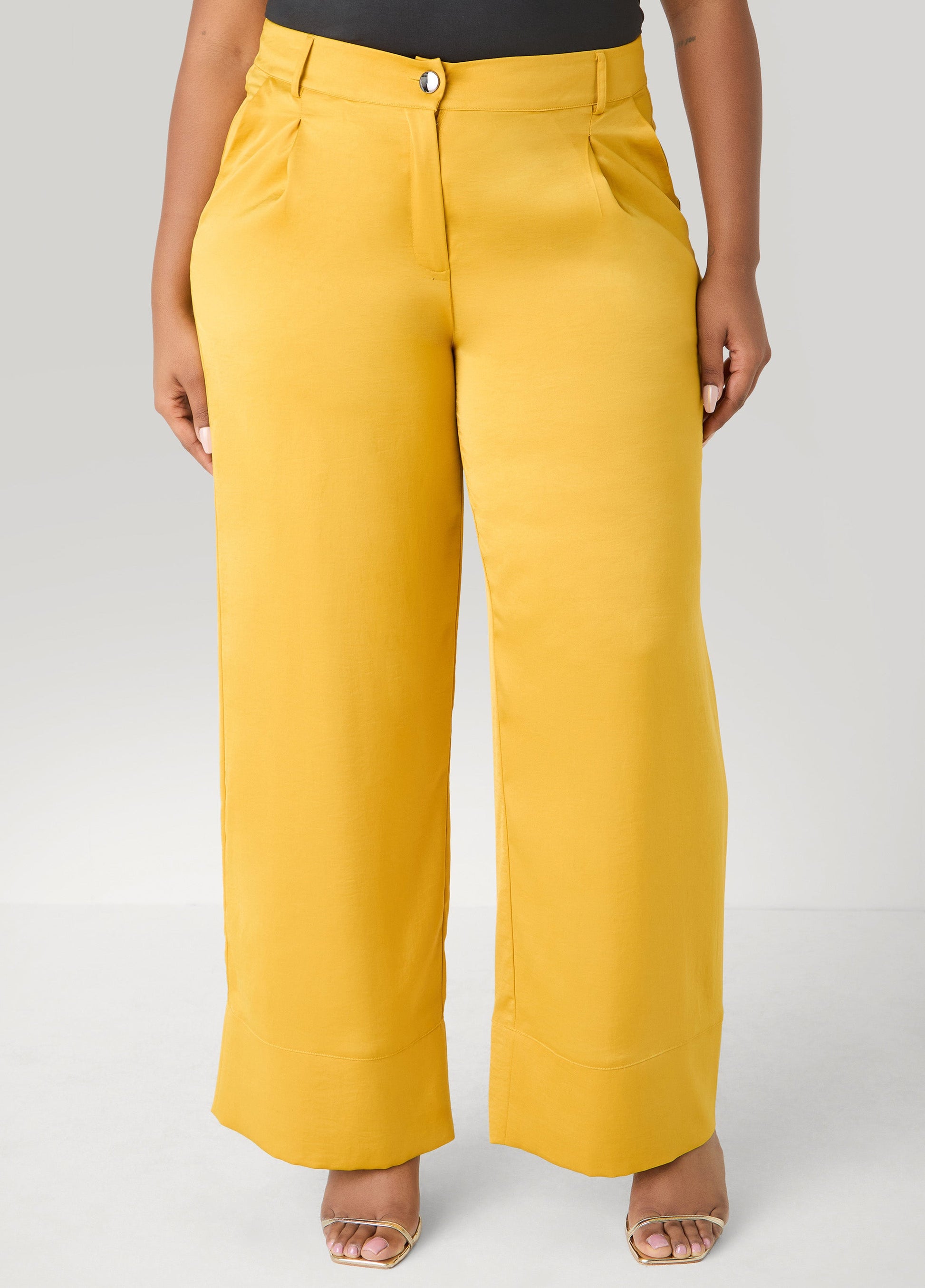 Ashley Stewart Pleated Satin Wide Leg Pants Nugget Gold