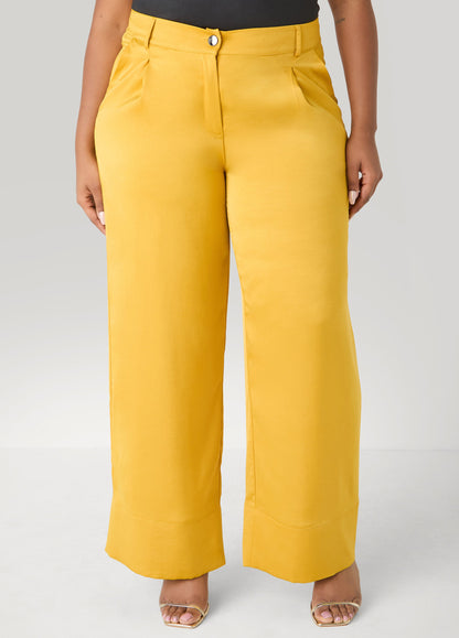 Ashley Stewart Pleated Satin Wide Leg Pants Nugget Gold