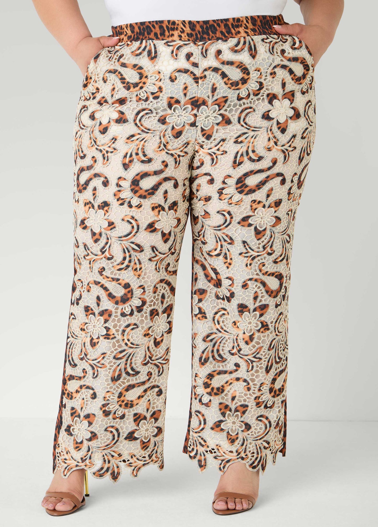 Ashley Stewart Leopard Print Corded Lace Pants Natural Leopard