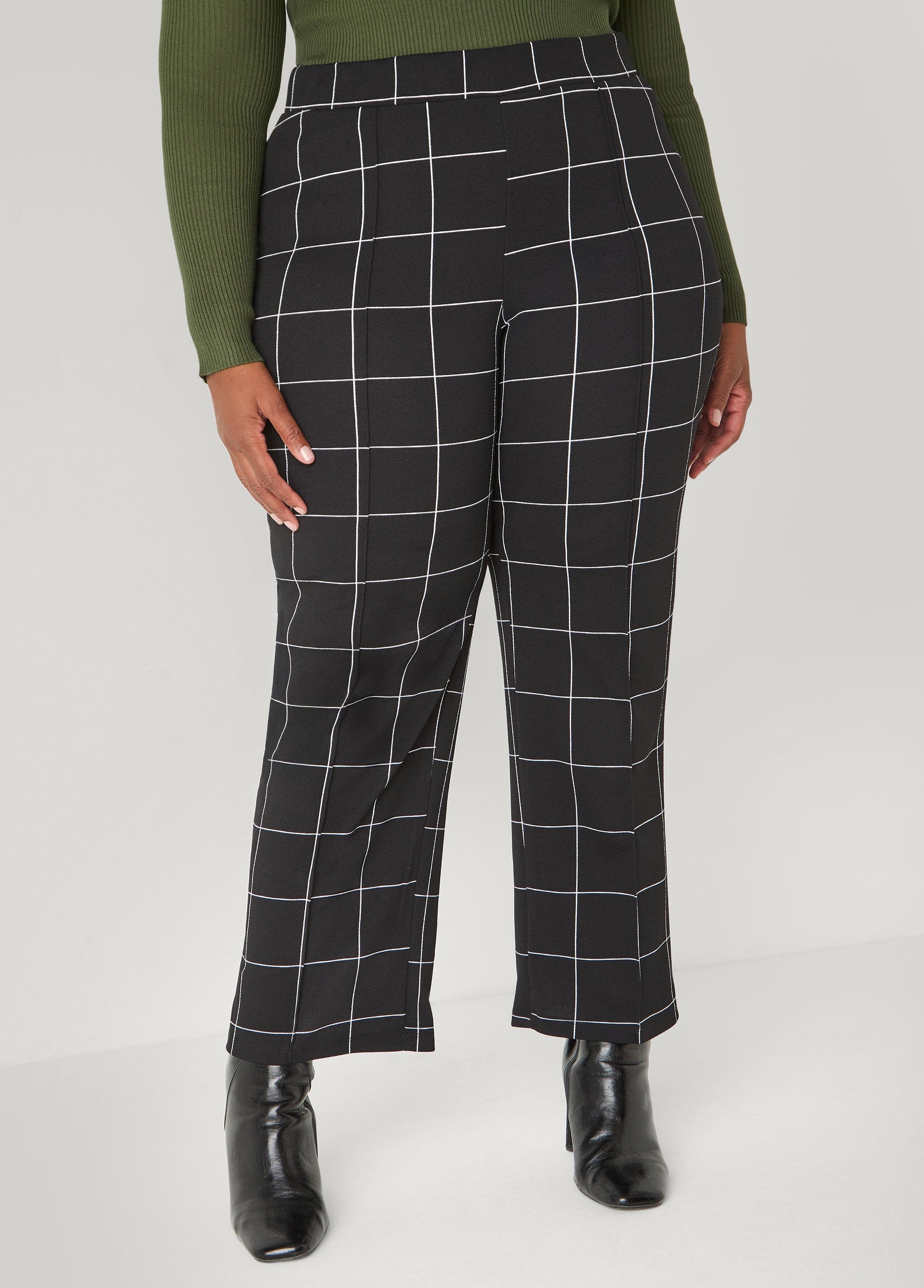 Ashley Stewart Textured Windowpane Print Pants Black White