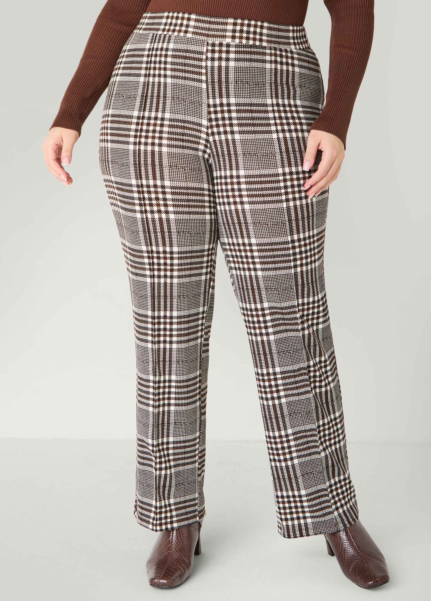 Ashley Stewart Textured Plaid Pull On Pants Black White