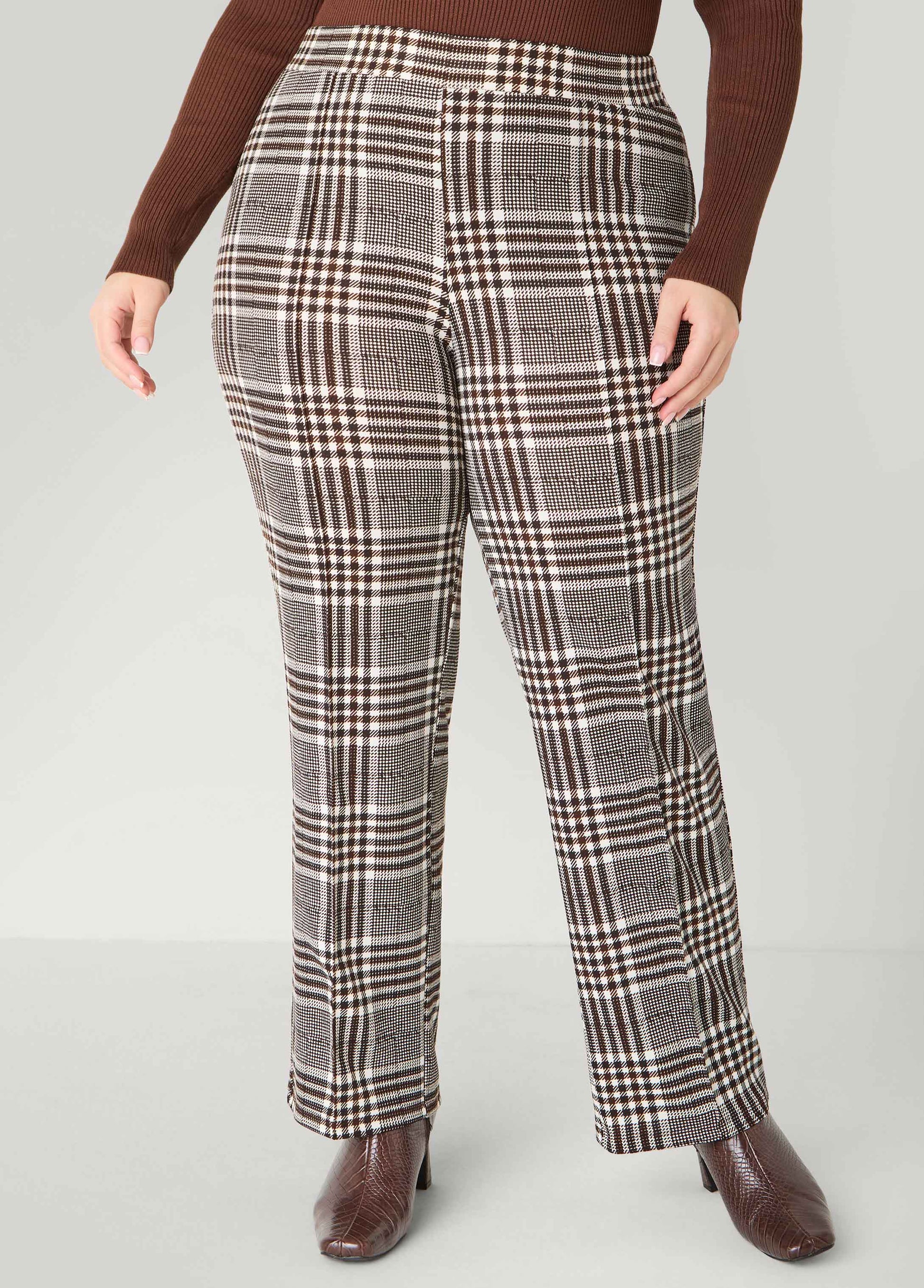 Ashley Stewart Textured Plaid Pull On Pants Black White