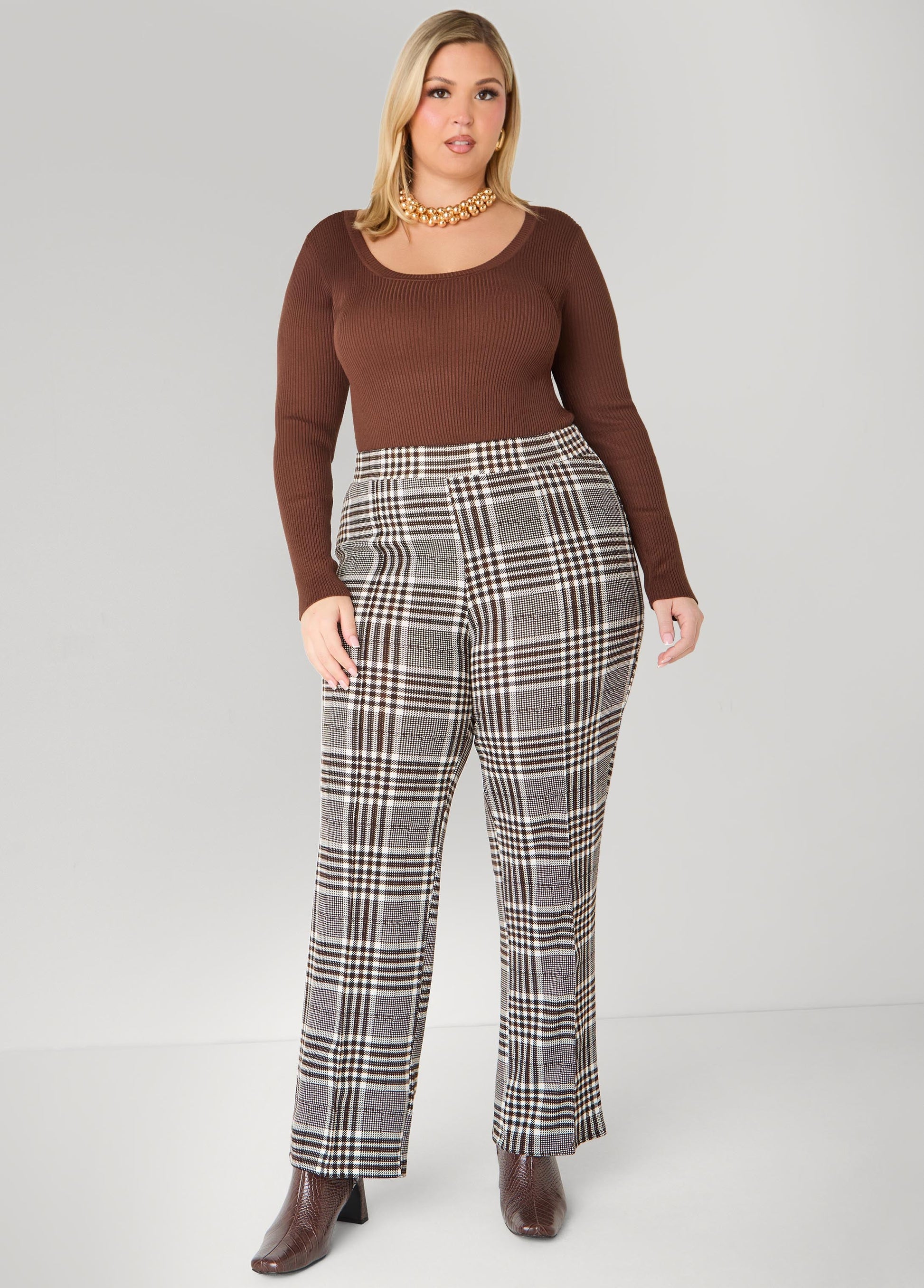 Ashley Stewart Textured Plaid Pull On Pants Black White