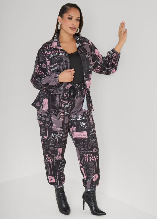Ashley Stewart Newspaper Print Cargo Joggers Black Combo