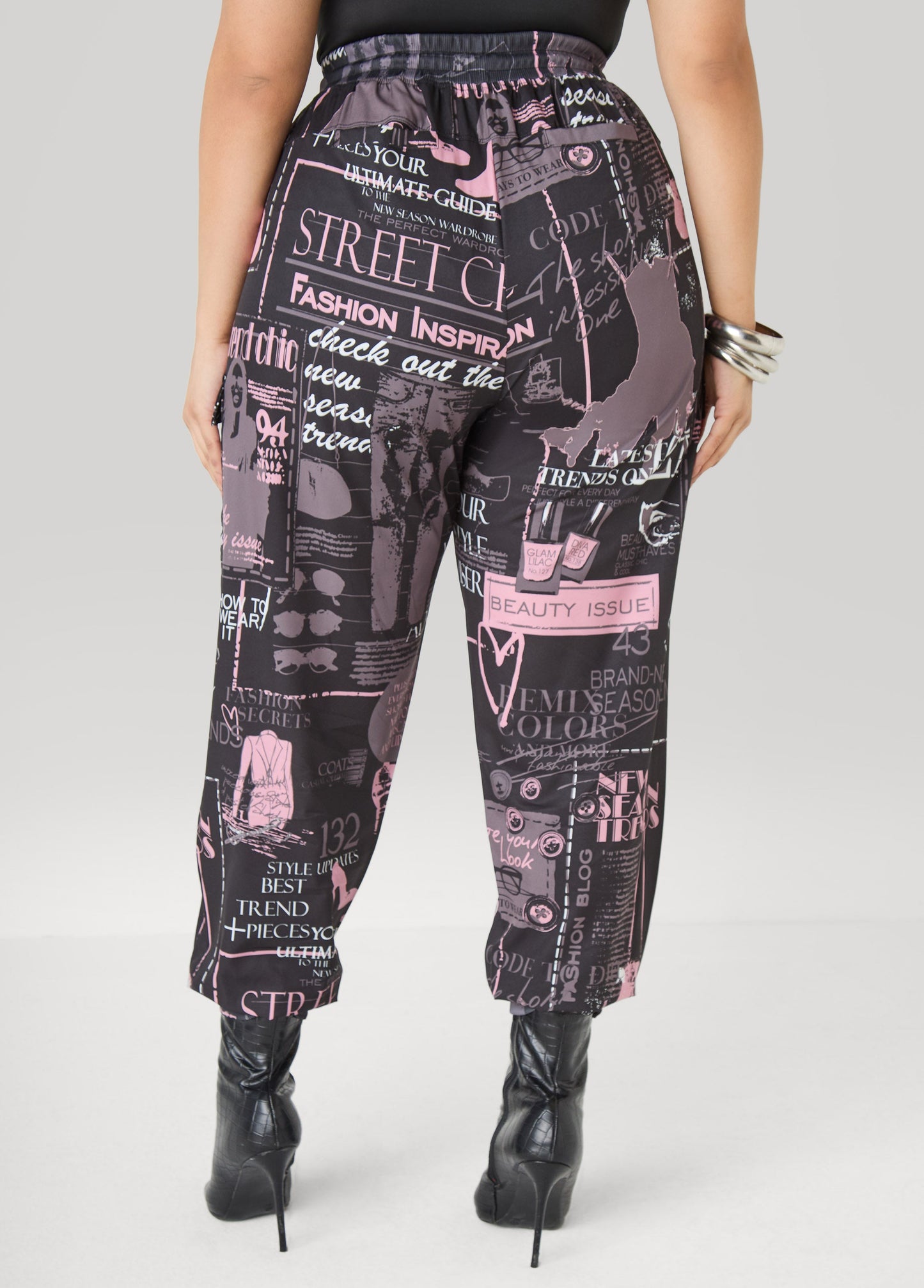 Ashley Stewart Newspaper Print Cargo Joggers Black Combo