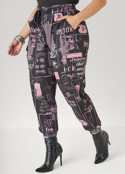 Ashley Stewart Newspaper Print Cargo Joggers Black Combo