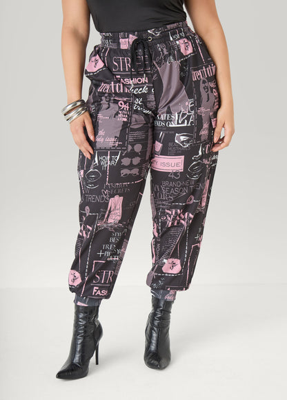 Ashley Stewart Newspaper Print Cargo Joggers Black Combo