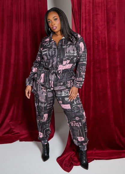 Ashley Stewart Newspaper Print Cargo Joggers Black Combo