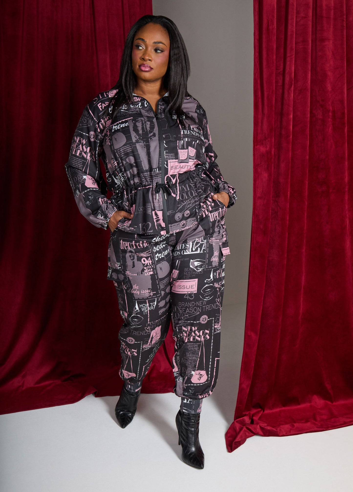 Ashley Stewart Newspaper Print Cargo Joggers Black Combo