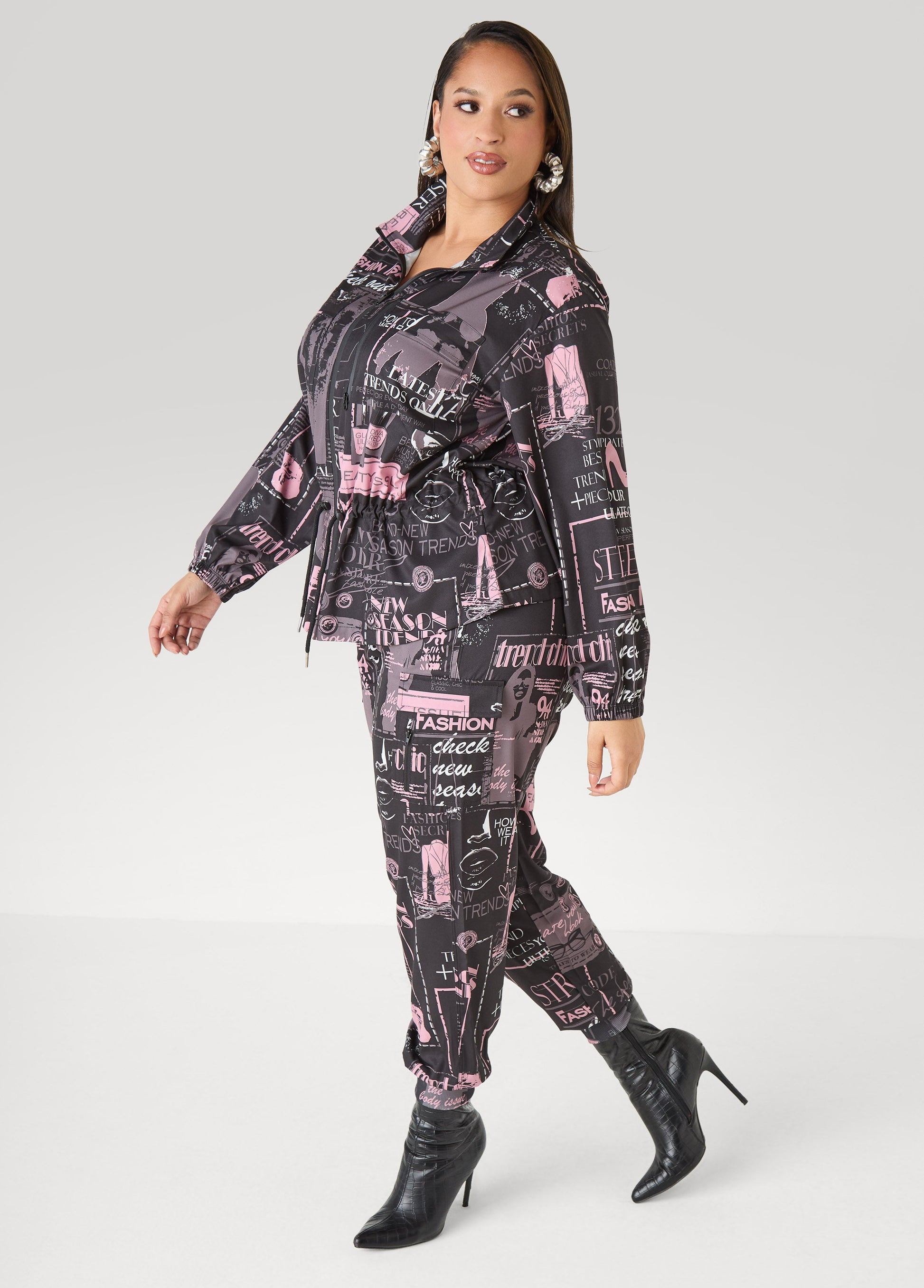 Ashley Stewart Newspaper Print Cargo Joggers Black Combo