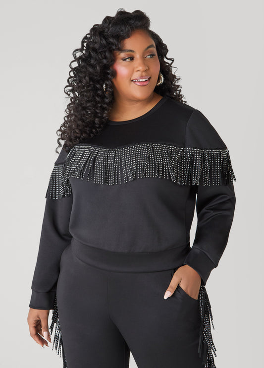 Ashley Stewart Studded Fringe Pullover Black