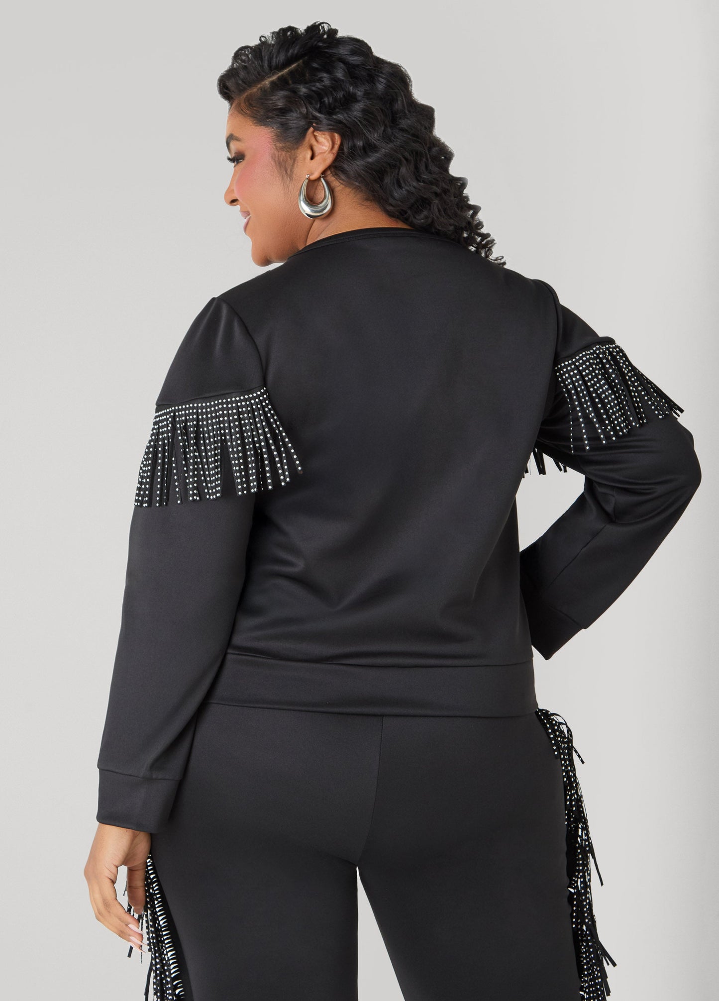 Ashley Stewart Studded Fringe Pullover Black