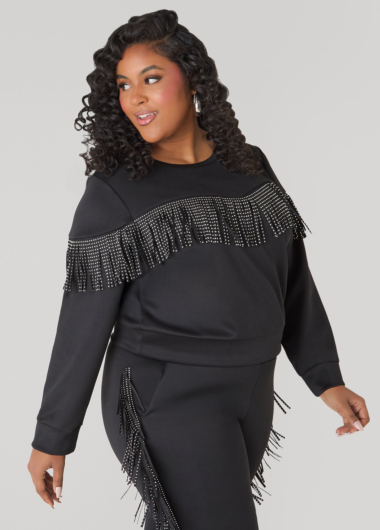 Ashley Stewart Studded Fringe Pullover Black