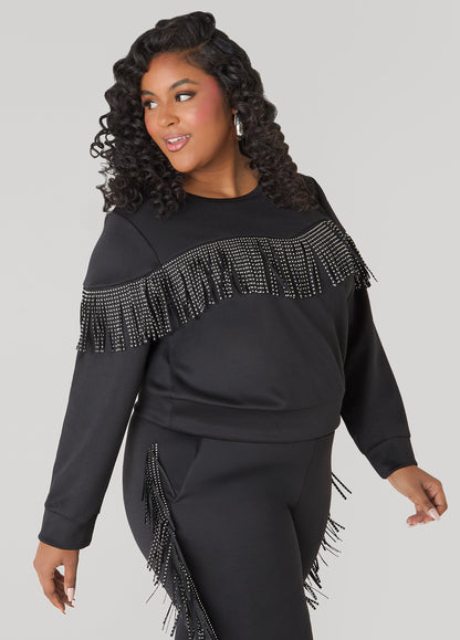 Ashley Stewart Studded Fringe Pullover Black