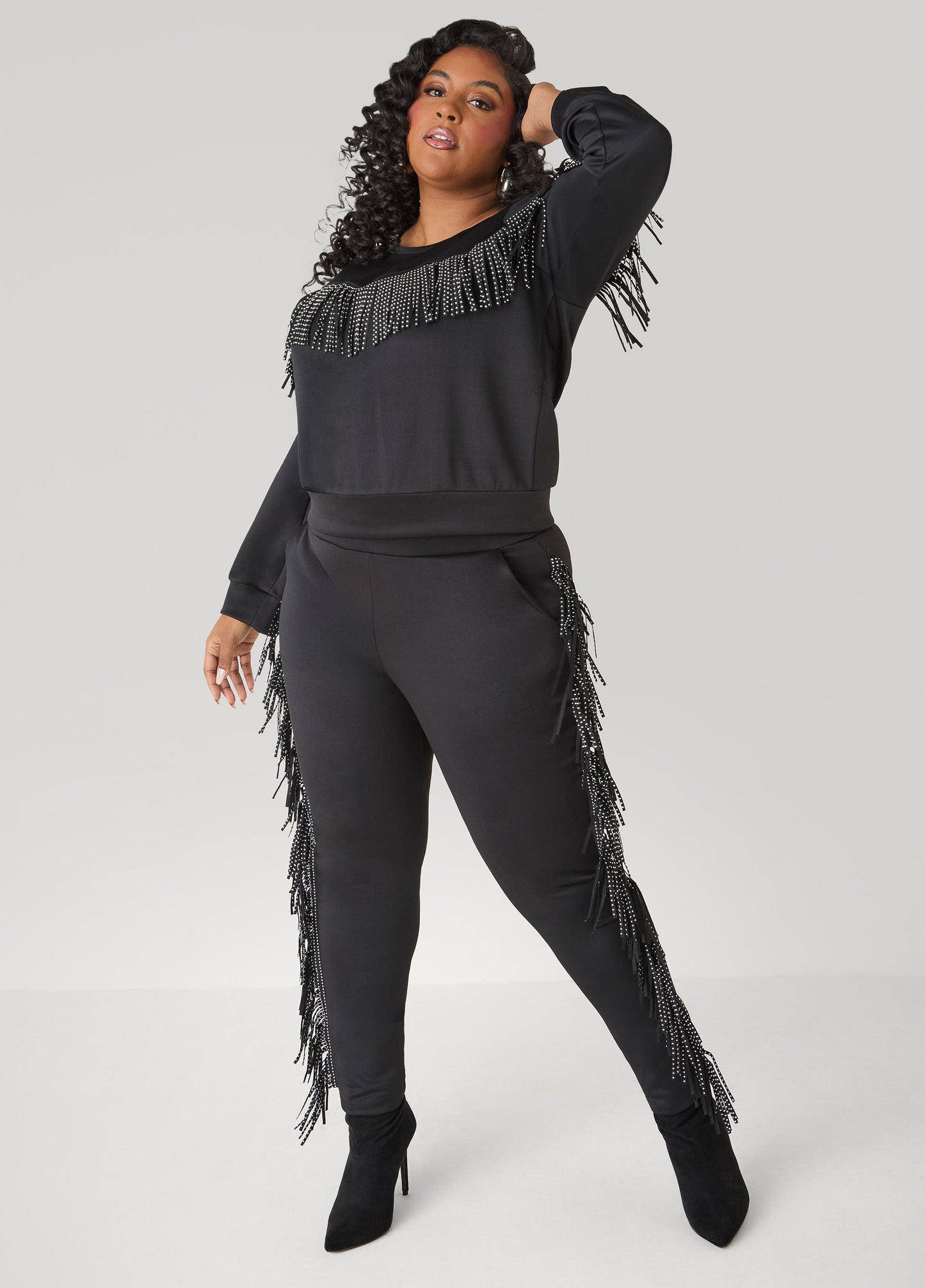 Ashley Stewart Studded Fringe Pullover Black