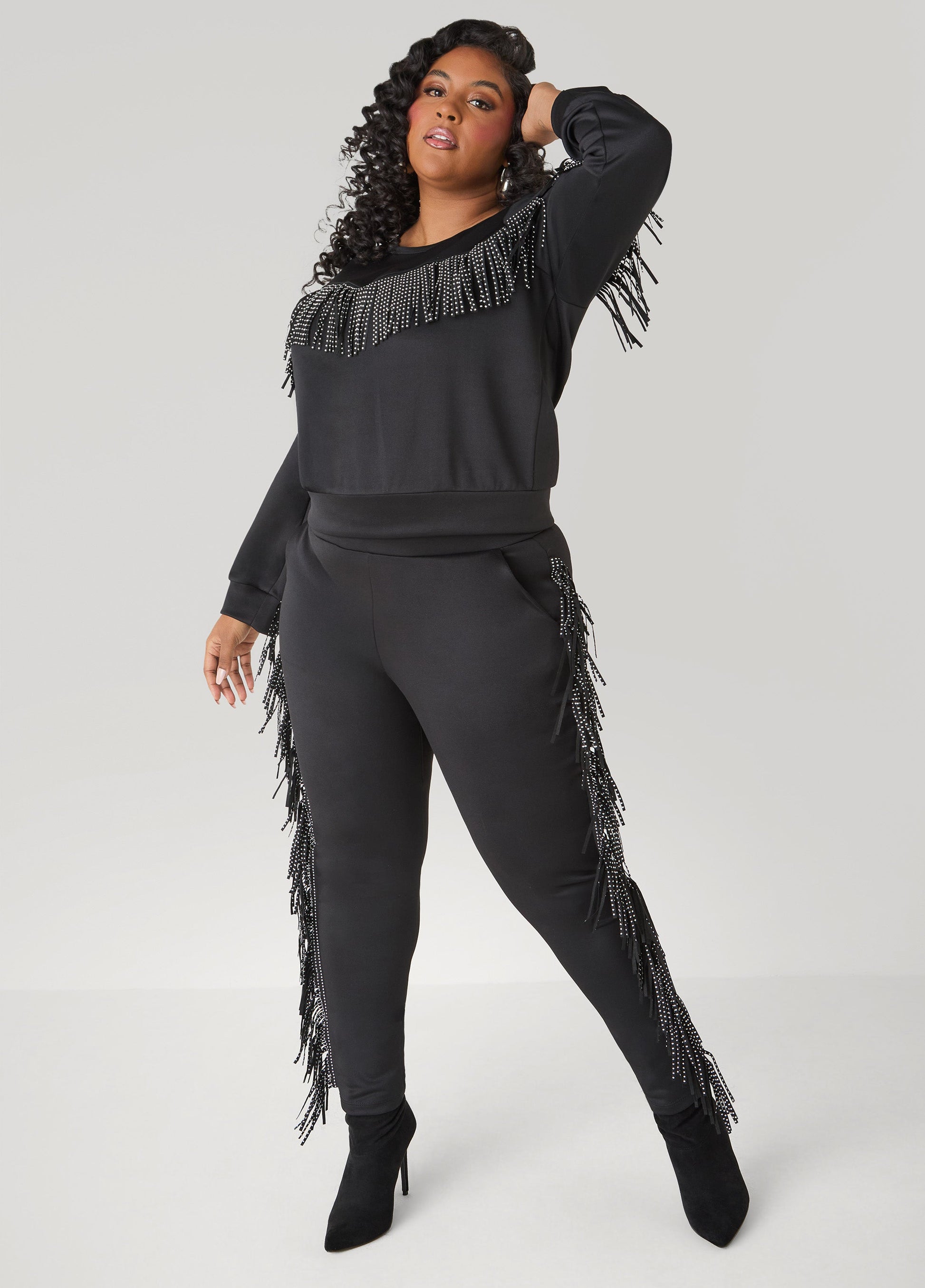Ashley Stewart Studded Fringe Pullover Black