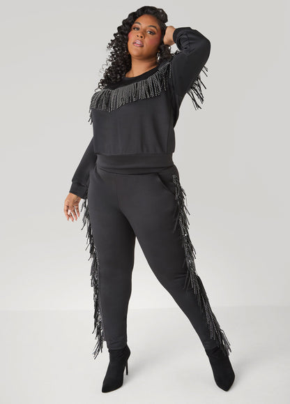 Ashley Stewart Studded Fringe Pullover Black