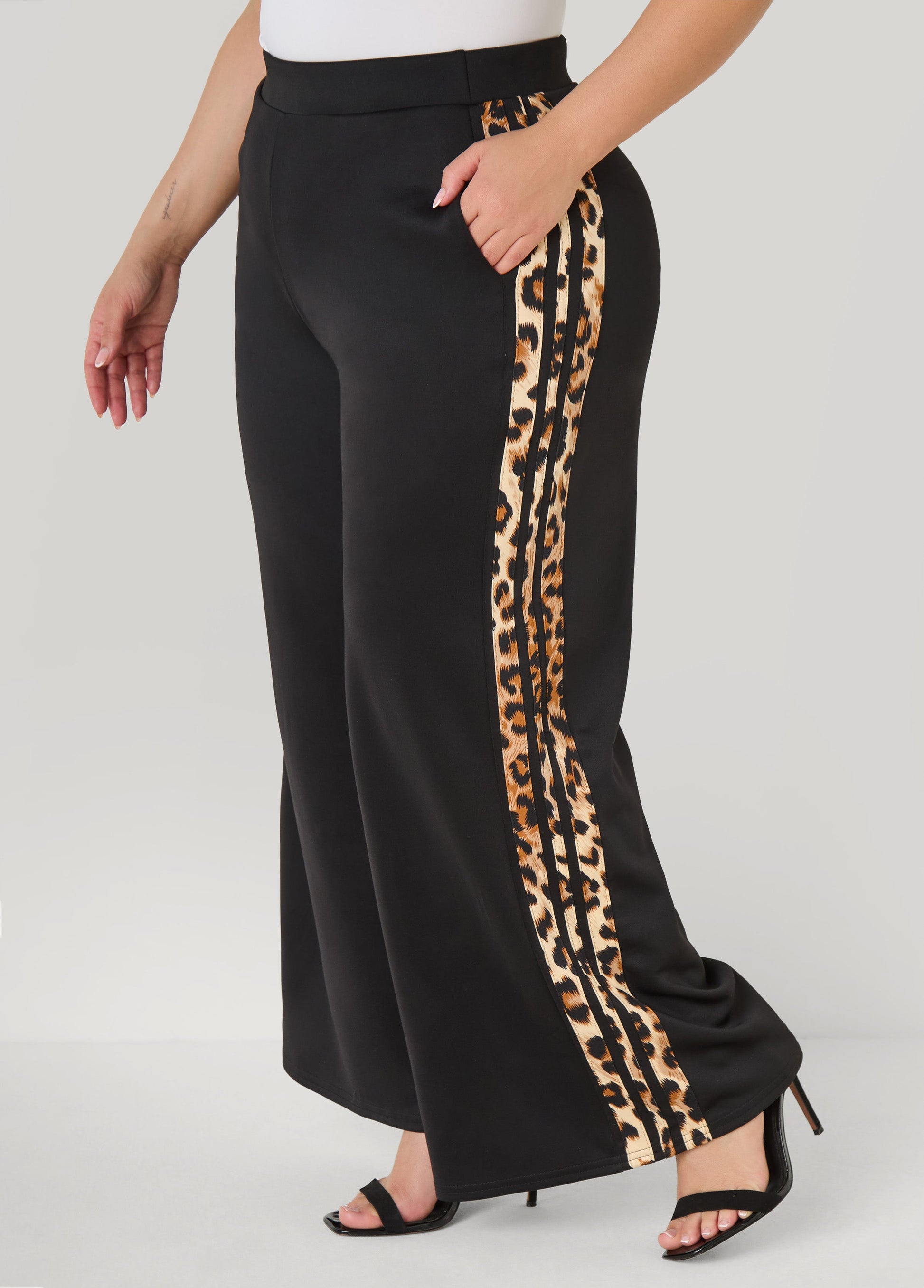 Ashley Stewart Animal Striped Wide Leg Pants Black