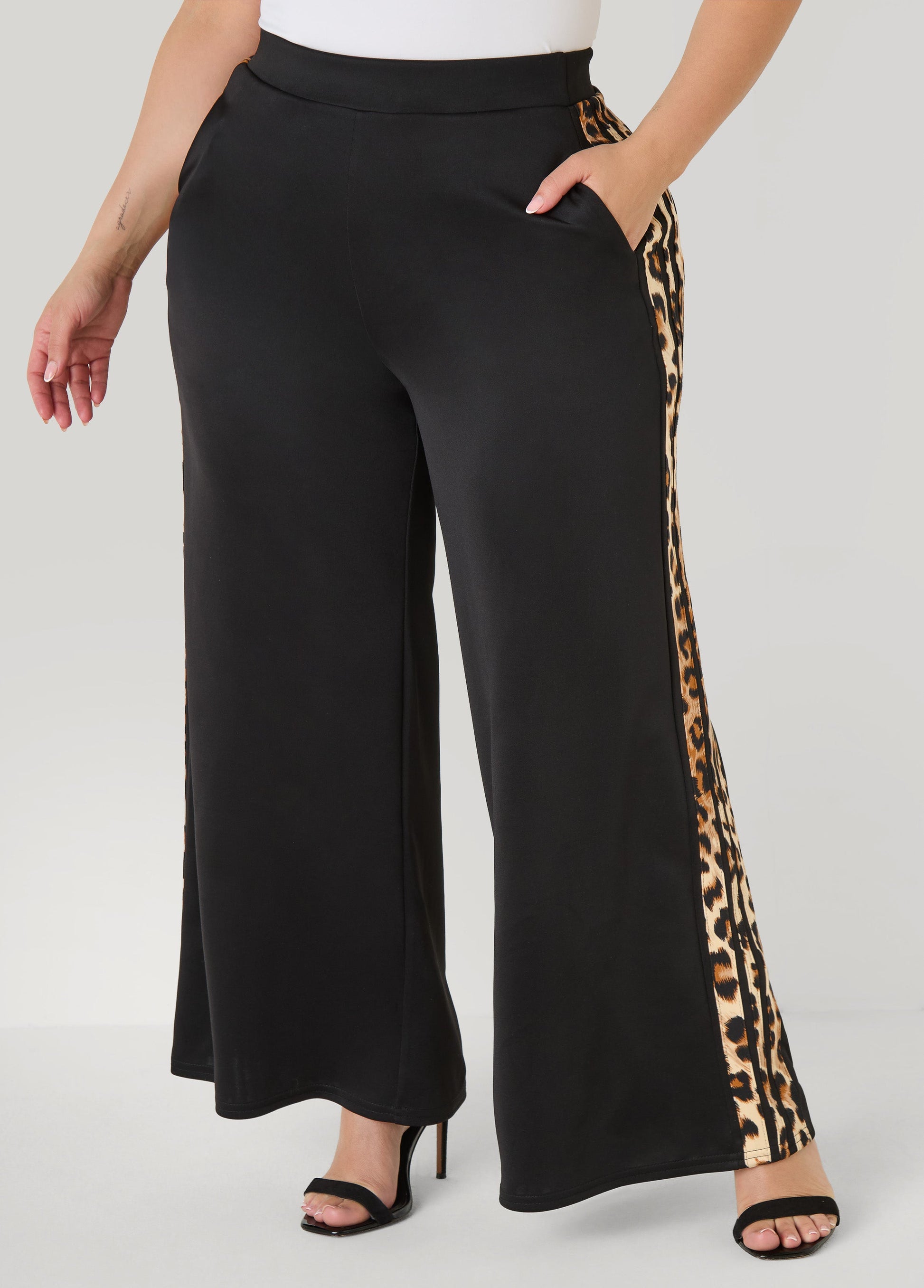 Ashley Stewart Animal Striped Wide Leg Pants Black
