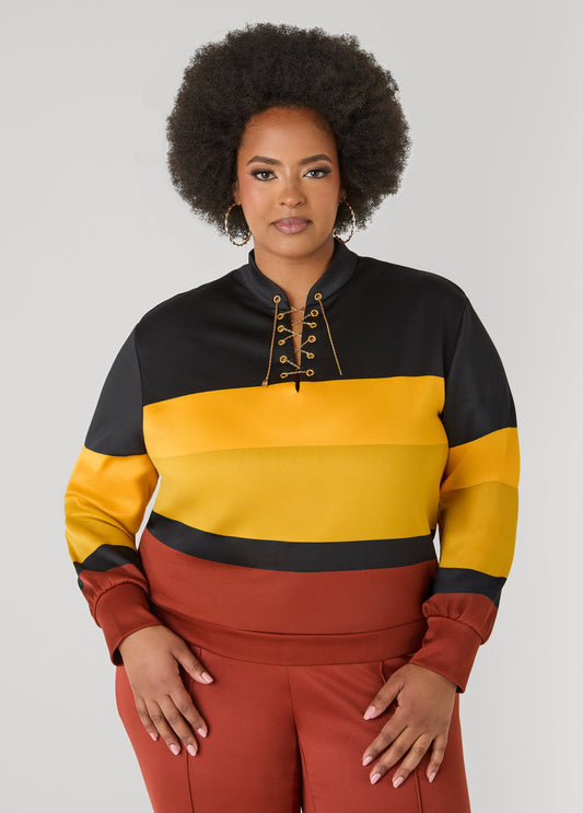 Ashley Stewart Chain Embellished Striped Pullover Burnt Henna