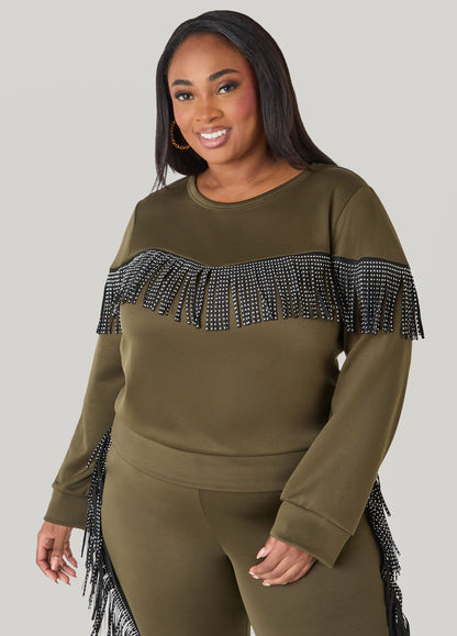 Ashley Stewart Studded Fringed Pullover Olive