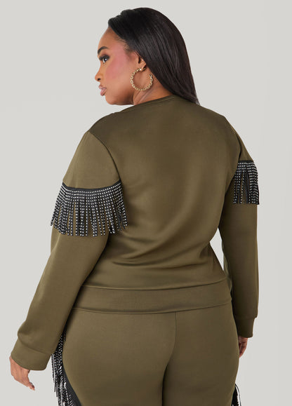 Ashley Stewart Studded Fringed Pullover Olive