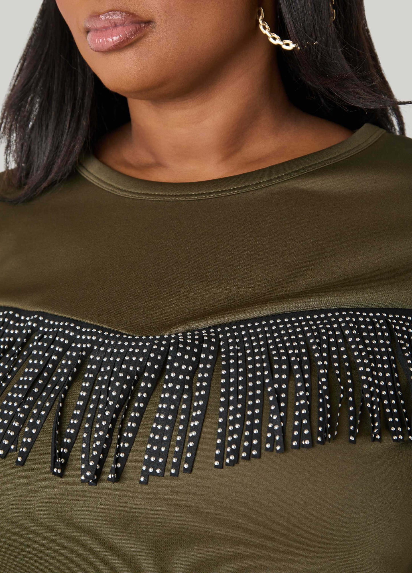 Ashley Stewart Studded Fringed Pullover Olive