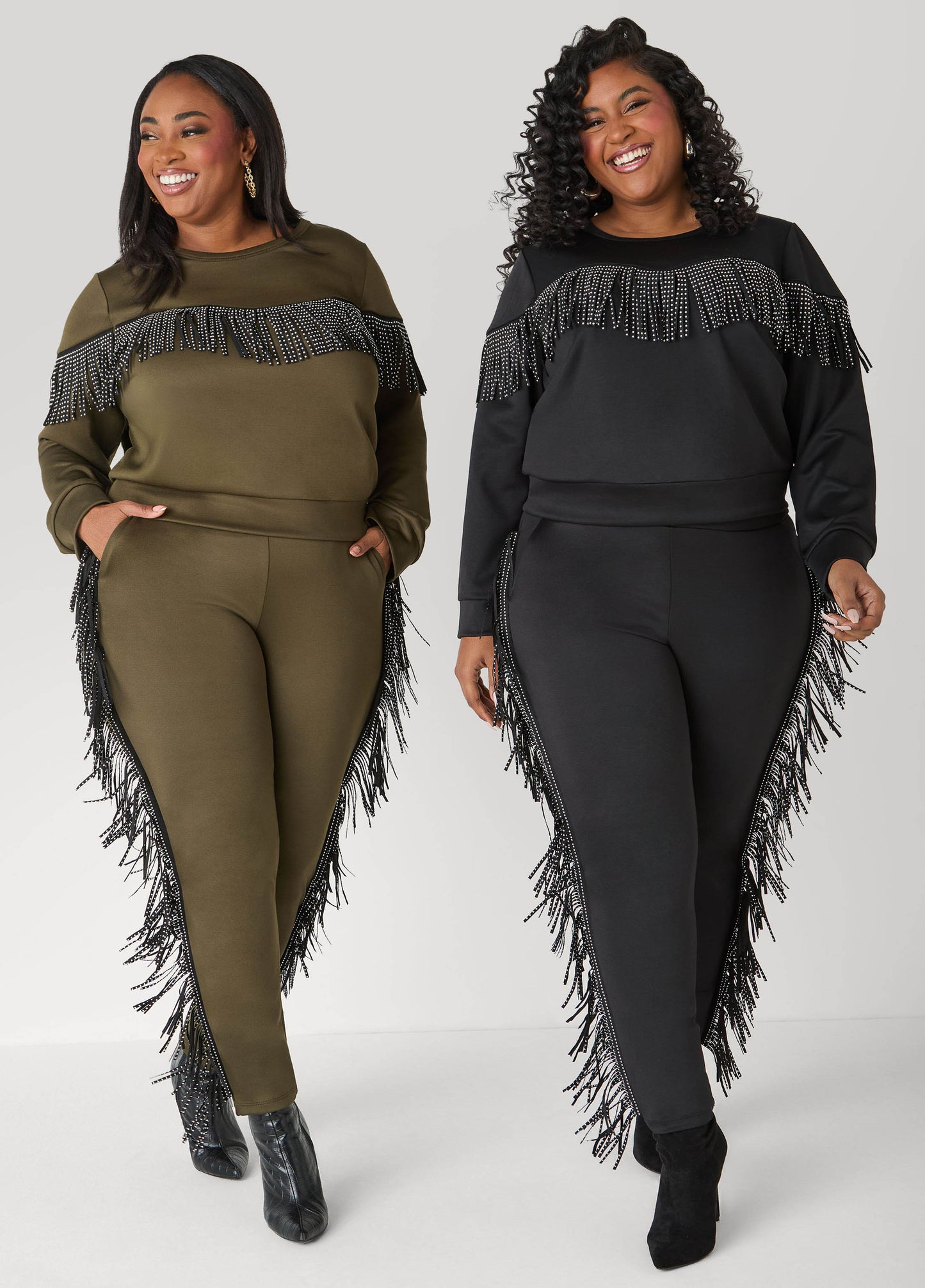 Ashley Stewart Studded Fringed Pullover Olive