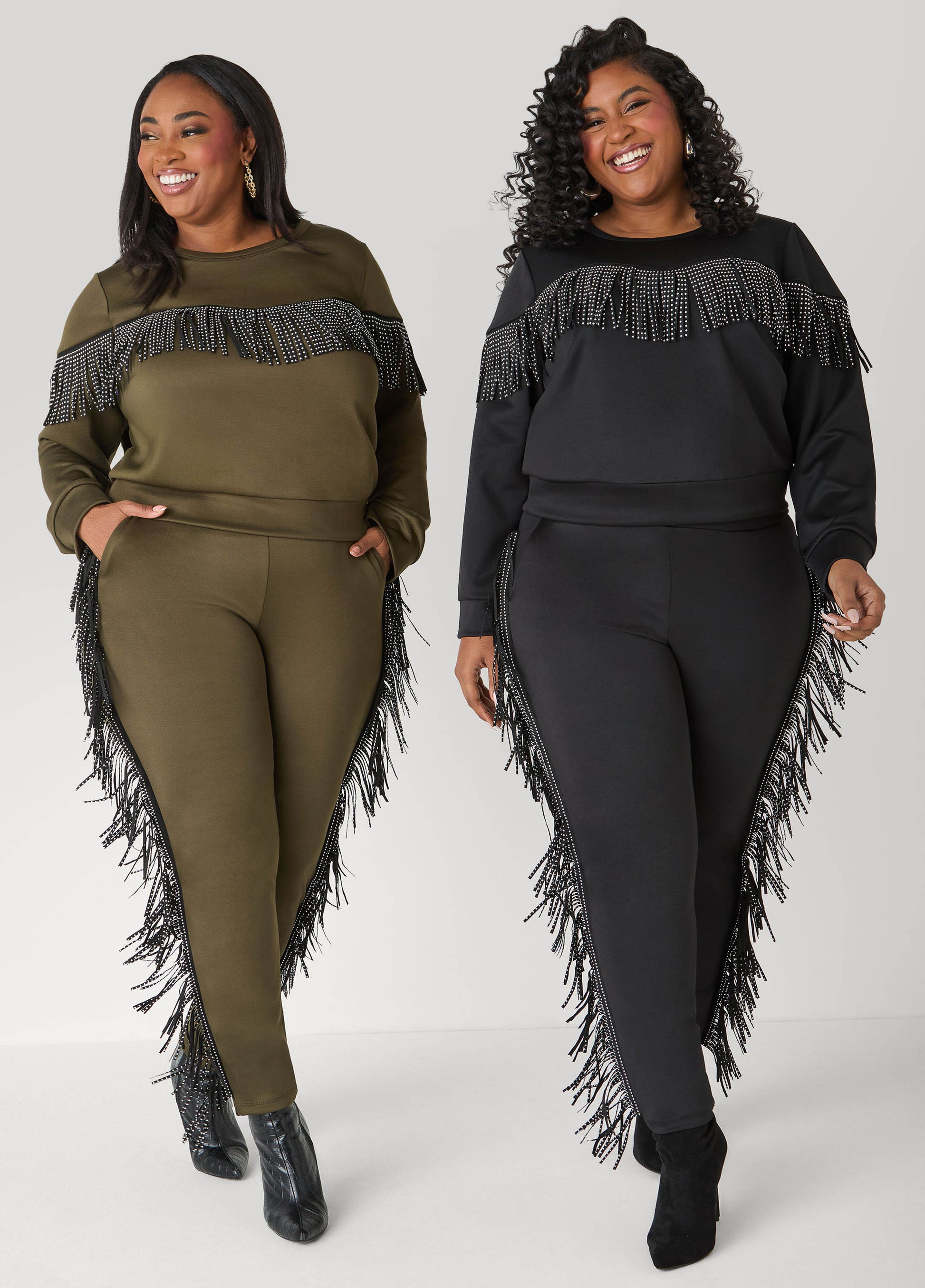 Ashley Stewart Studded Fringed Pullover Olive