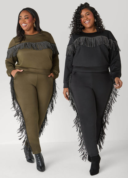 Ashley Stewart Studded Fringed Pullover Olive
