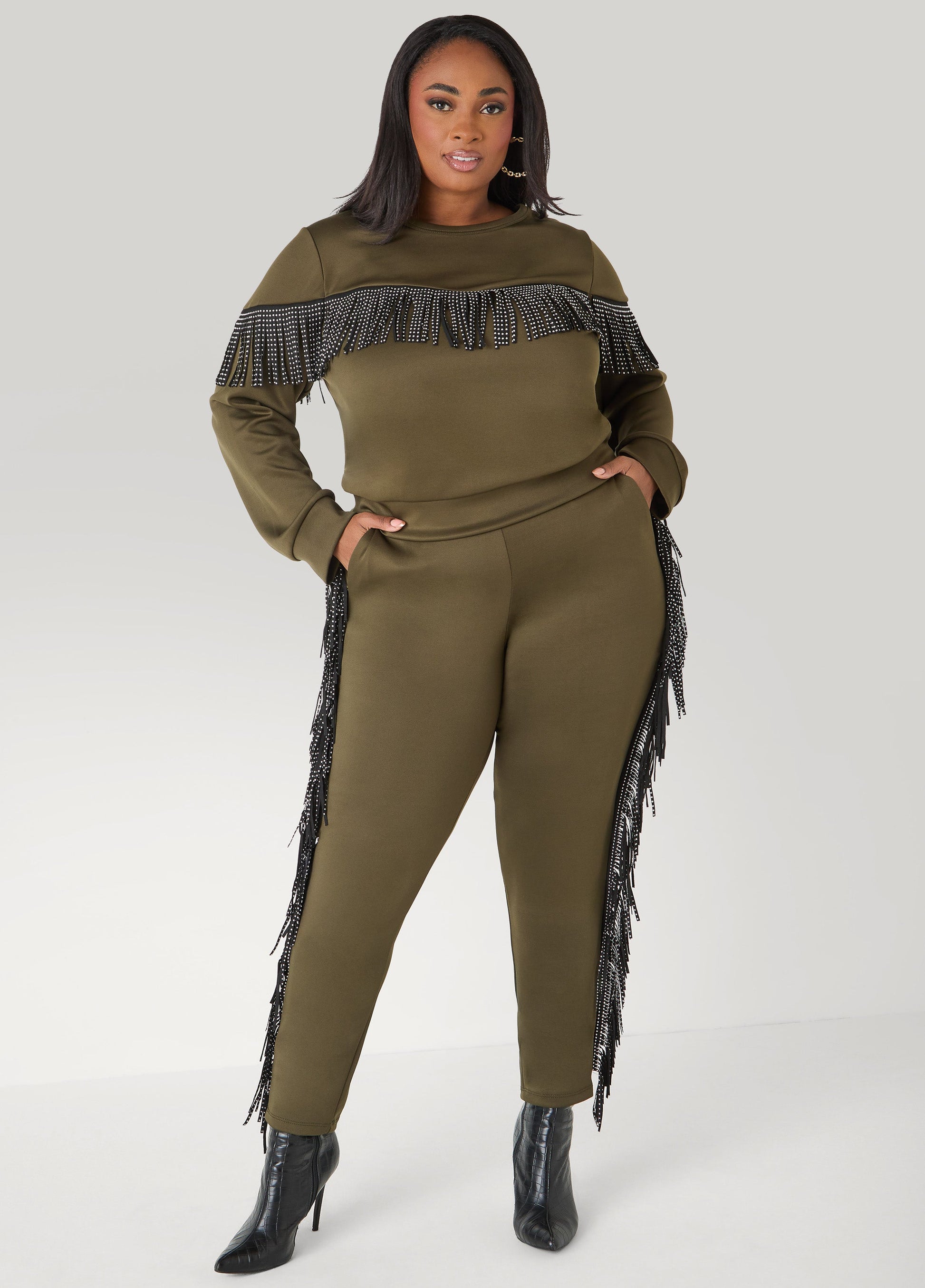 Ashley Stewart Studded Fringed Track Pants Olive