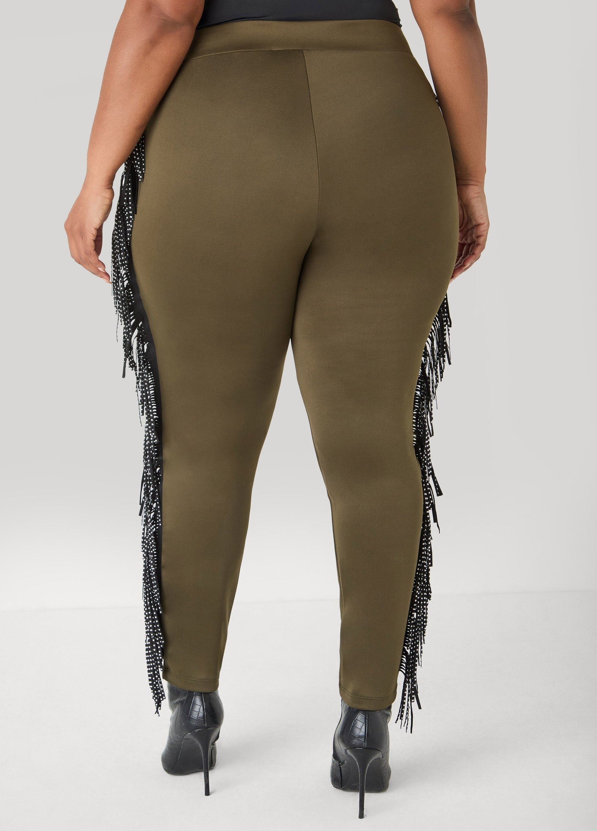 Ashley Stewart Studded Fringed Track Pants Olive