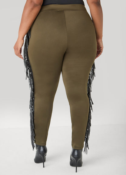 Ashley Stewart Studded Fringed Track Pants Olive