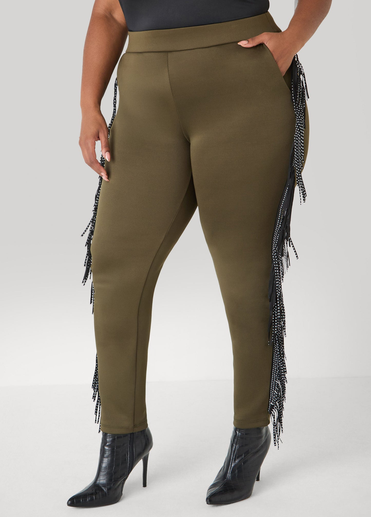 Ashley Stewart Studded Fringed Track Pants Olive