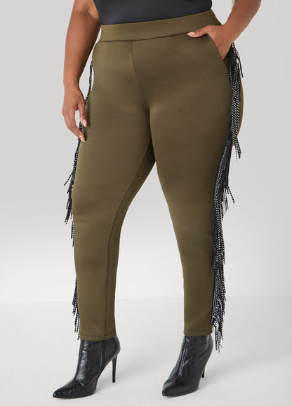 Ashley Stewart Studded Fringed Track Pants Olive