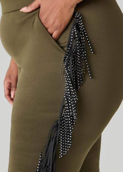 Ashley Stewart Studded Fringed Track Pants Olive