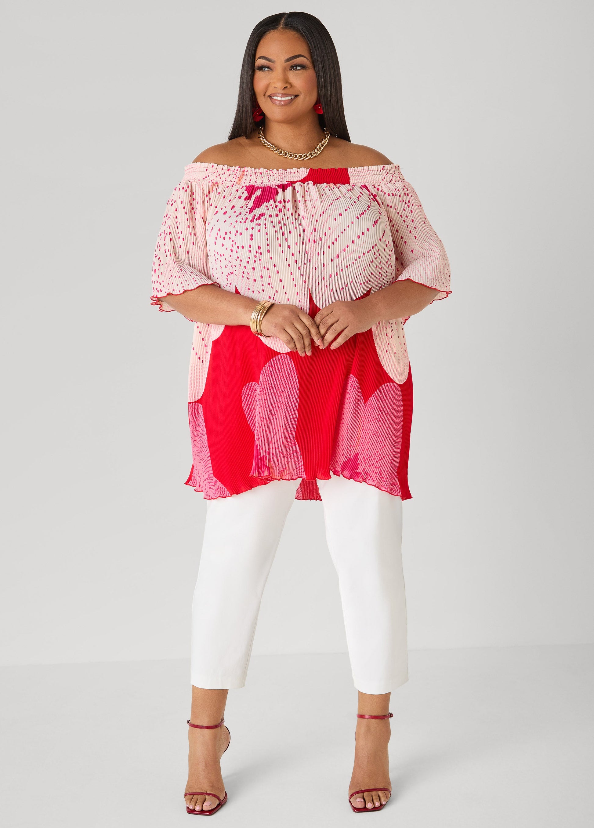 Ashley Stewart Off The Shoulder Floral Plisse Top Pink Yarrow