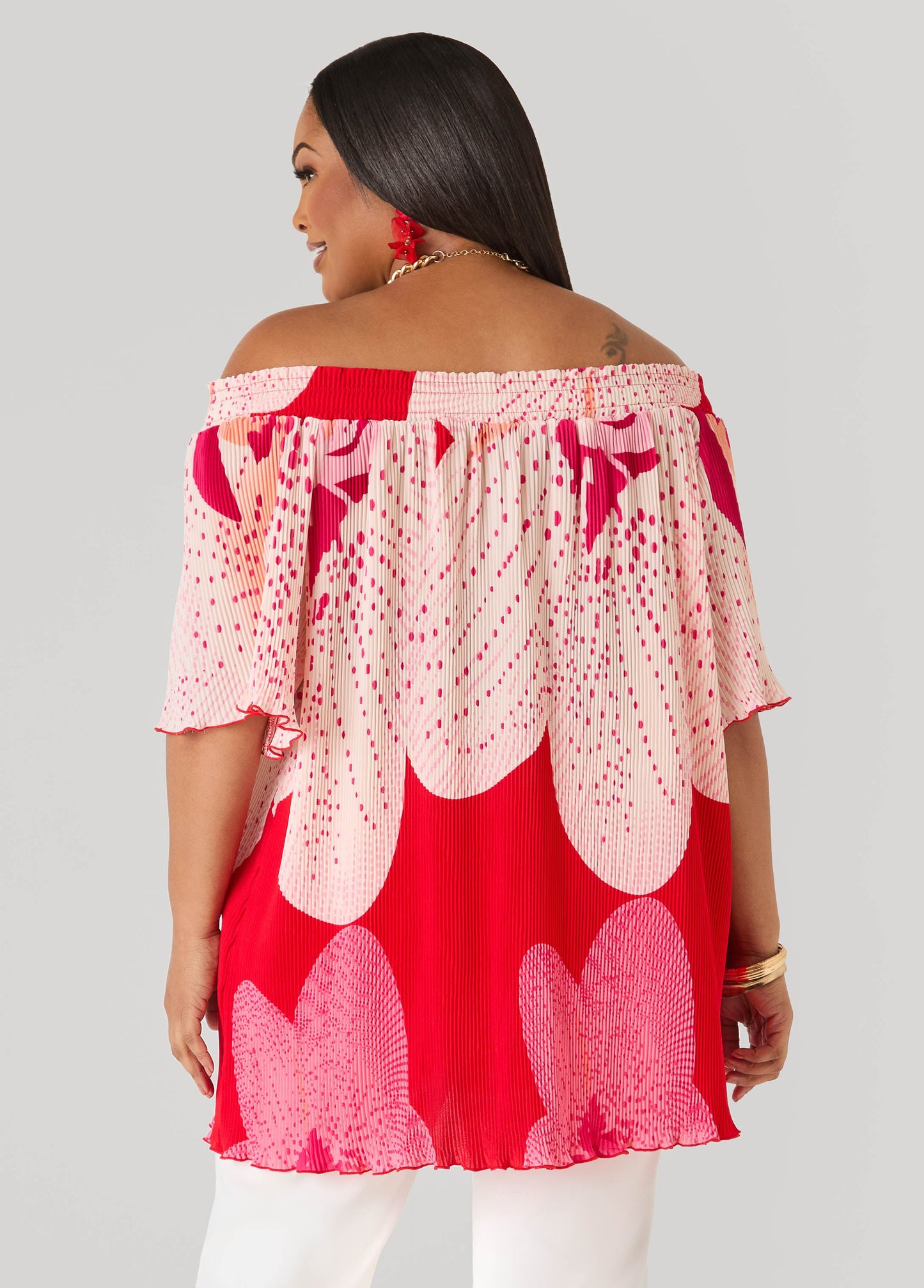 Ashley Stewart Off The Shoulder Floral Plisse Top Pink Yarrow