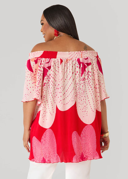 Ashley Stewart Off The Shoulder Floral Plisse Top Pink Yarrow