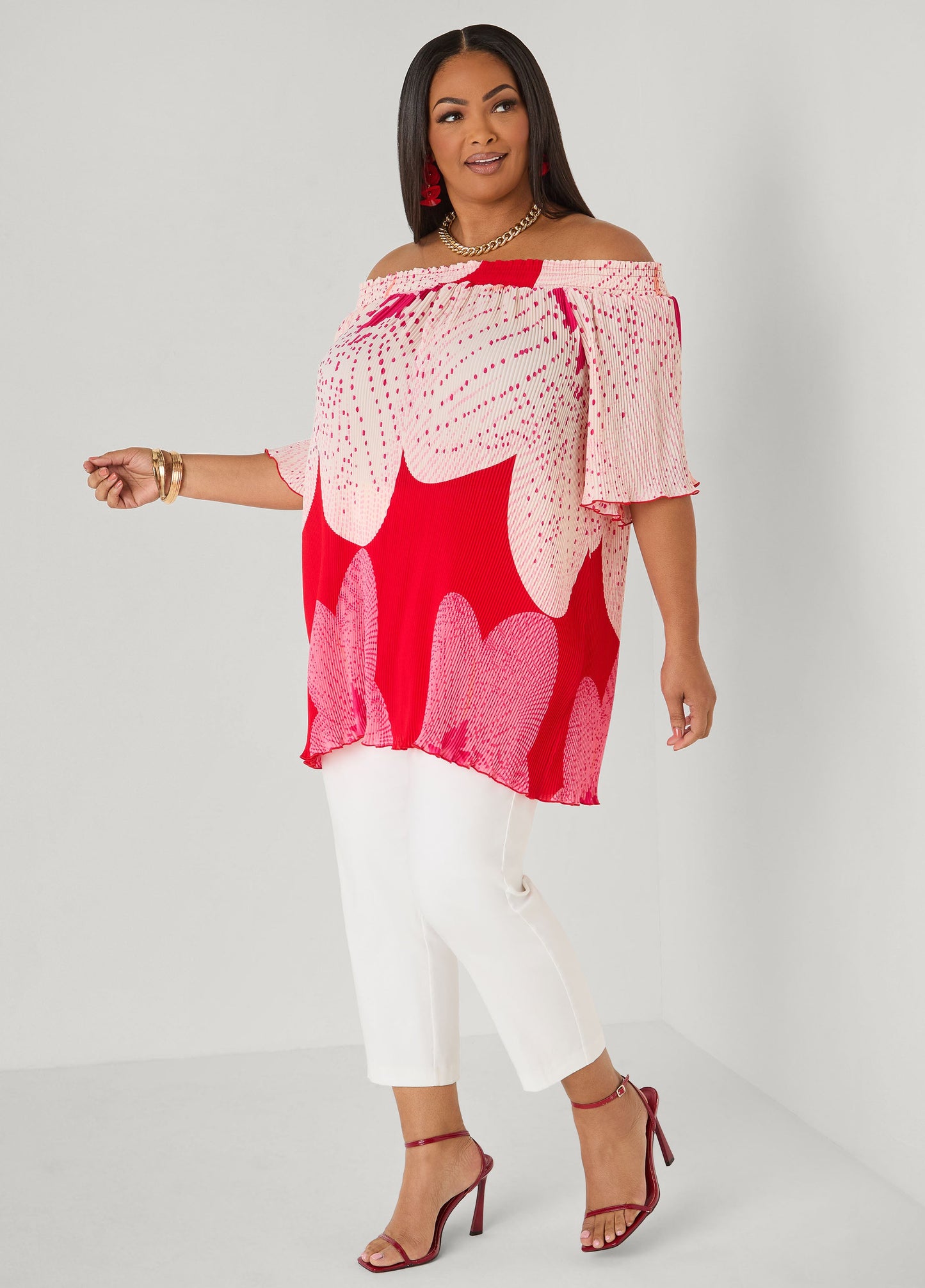 Ashley Stewart Off The Shoulder Floral Plisse Top Pink Yarrow